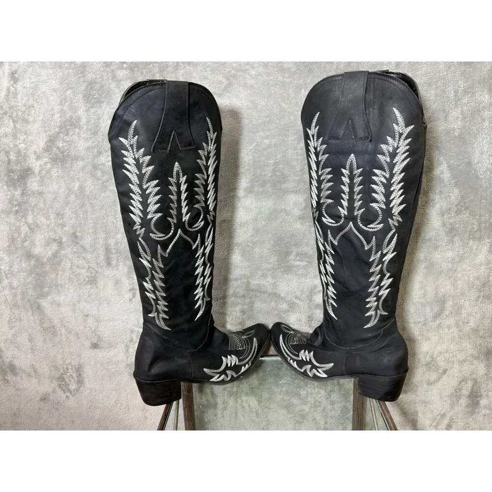 Women’s Tall Embroidered Cowboy Boots Faux Leather size  5.5 Black Rodeo Western